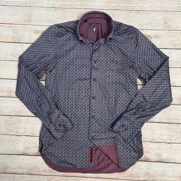 Visconti Black Men's Dress Shirt Small Gray Paisley Print Contrast Trim - Picture 1 of 11